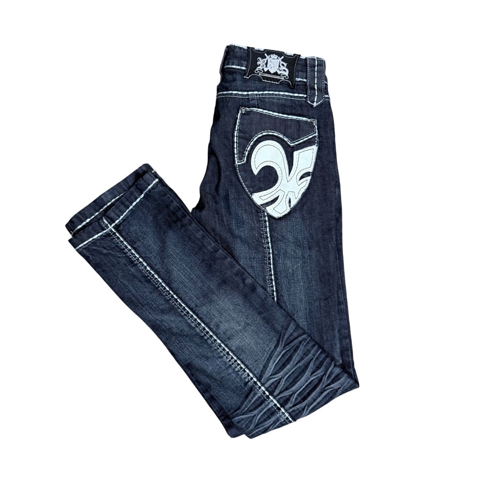 Rebel Spirit Royal Way of Life Y2K Jeans Dark Wash Fleur De Lis 28W 33L